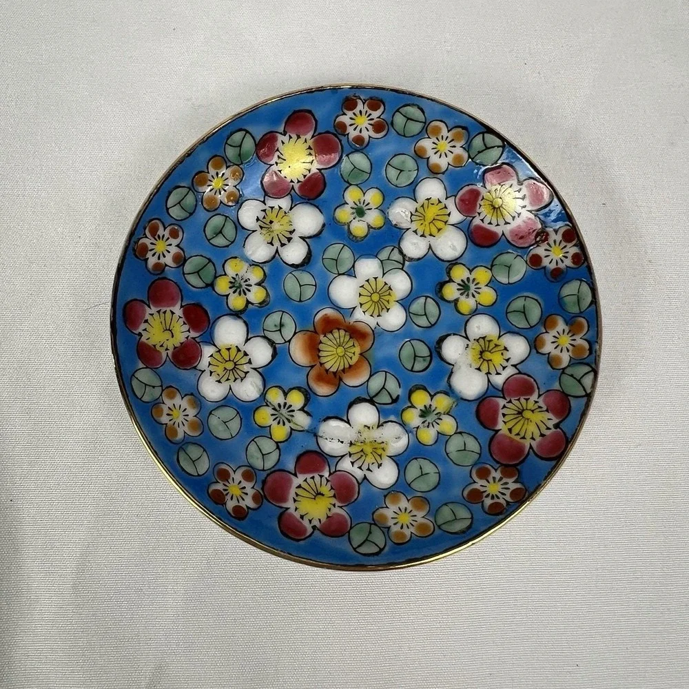 Vintage Viking Import Japan Floral Trinket Dish Blue Enamel Gold Rim Flowers 60s